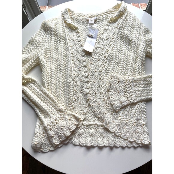 Crochet Open Front Cardigan Sz S Fairy Cottage Boho Wood Beads Scalloped NWT - Picture 10 of 14